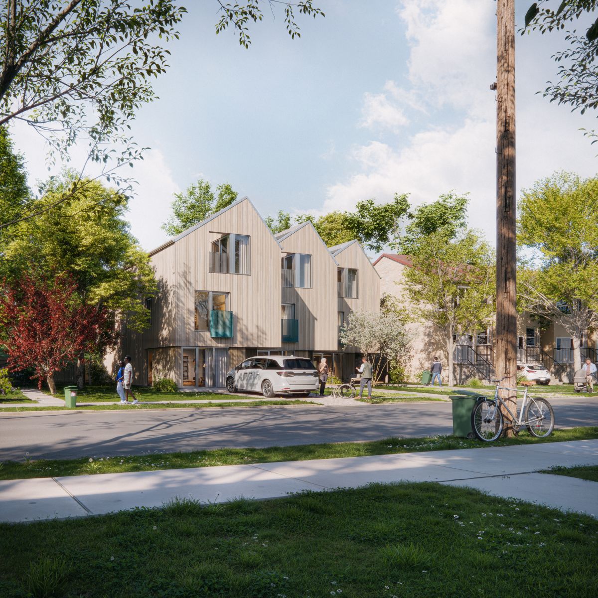A 3D rendering of townhomes with a light wood exterior, pitched roofs, and large windows. 